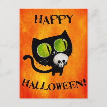 Black Halloween Cat With Skull Postcard by partymonster at Zazzle