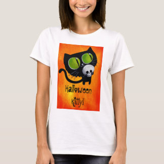 Black Halloween Cat with Skull T-Shirt