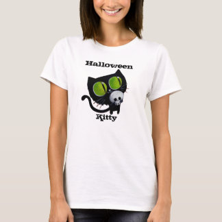 Black Halloween Cat with Skull T-Shirt