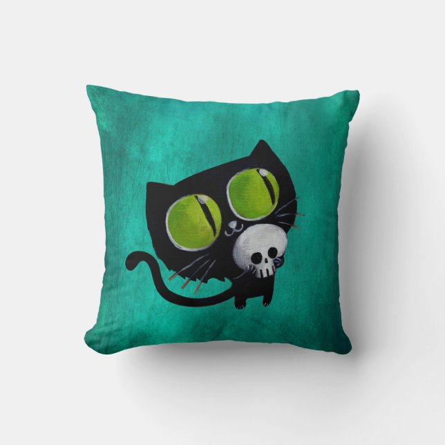 Black Halloween Cat with Skull Throw Pillow (Front)