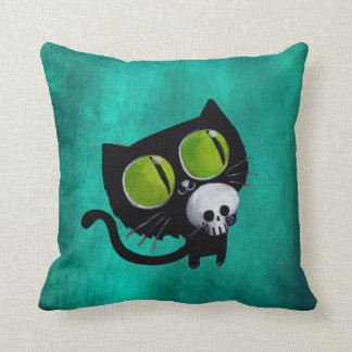 Black Halloween Cat with Skull Throw Pillow