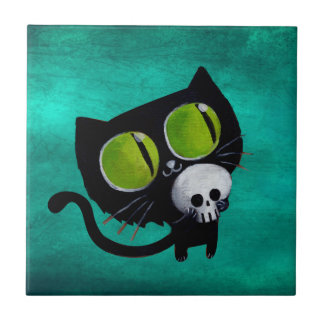 Black Halloween Cat with Skull Tile