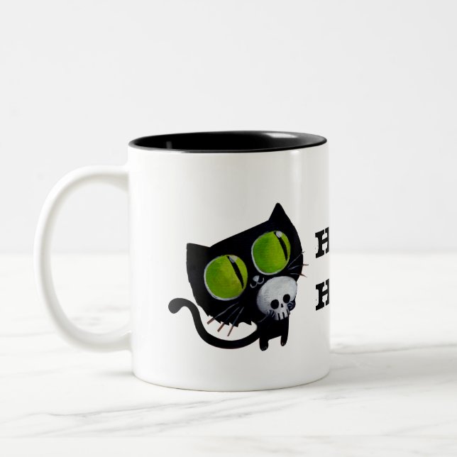 Black Halloween Cat with Skull Two-Tone Coffee Mug (Left)