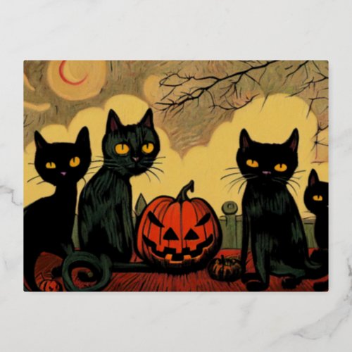 Black Halloween Cats with a pumpkin card