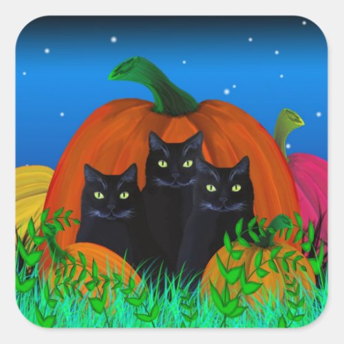 Black Halloween Cats with Pumpkins Stickers