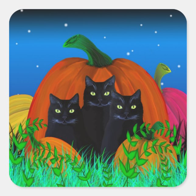 Black Halloween Cats with Pumpkins Stickers (Front)