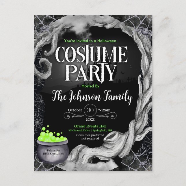 Black Halloween Costume Party Invitation  Postcard (Front)