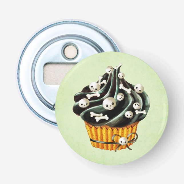 Black Halloween Cupcake with tiny skulls Bottle Opener (Front)