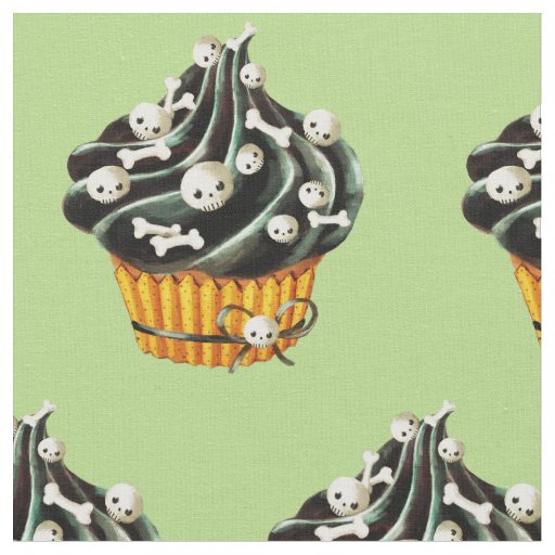 Black Halloween Cupcake with tiny skulls Fabric
