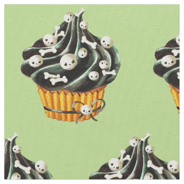 Black Halloween Cupcake with tiny skulls Fabric (Close Up)