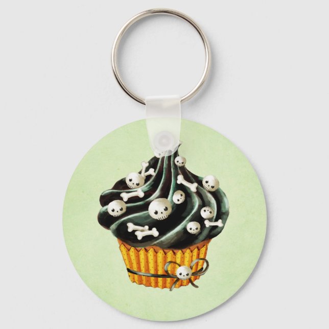 Black Halloween Cupcake with tiny skulls Keychain (Front)