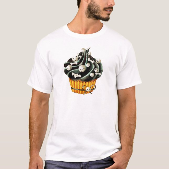 Black Halloween Cupcake with tiny skulls T-Shirt (Front)