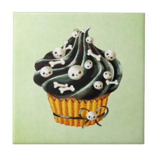 Black Halloween Cupcake with tiny skulls Tile