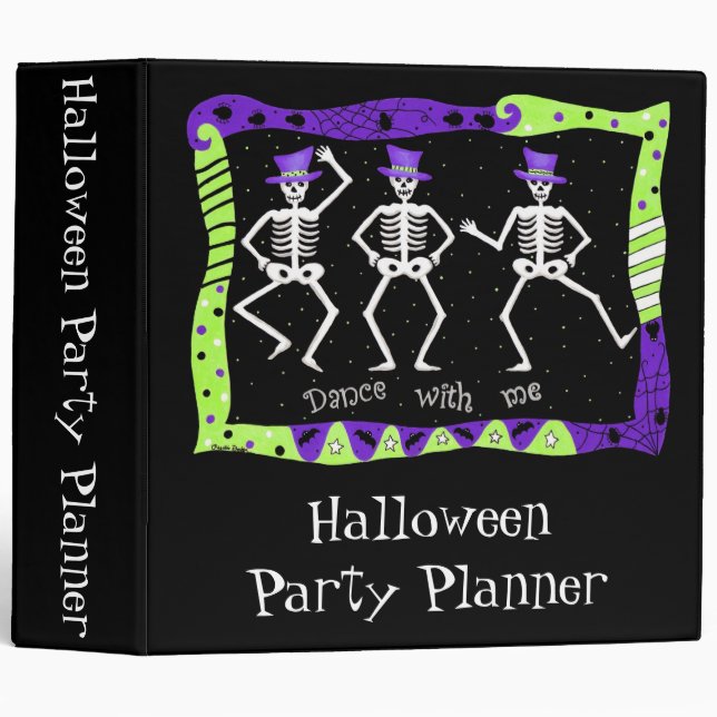 Black Halloween Dancing Skeletons Party Planner 3 Ring Binder (Front/Spine)