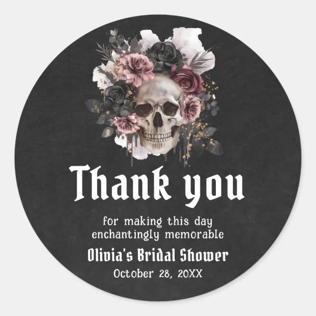 Black Halloween Floral Skull Bridal Shower Classic Round Sticker | Zazzle