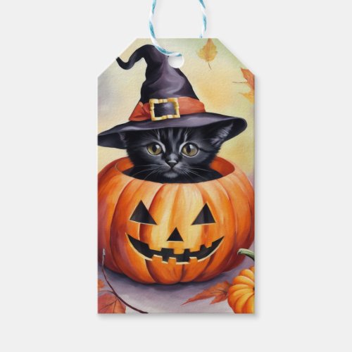 Black Halloween Kitten Pumpkin Witch Hat Gift Tags