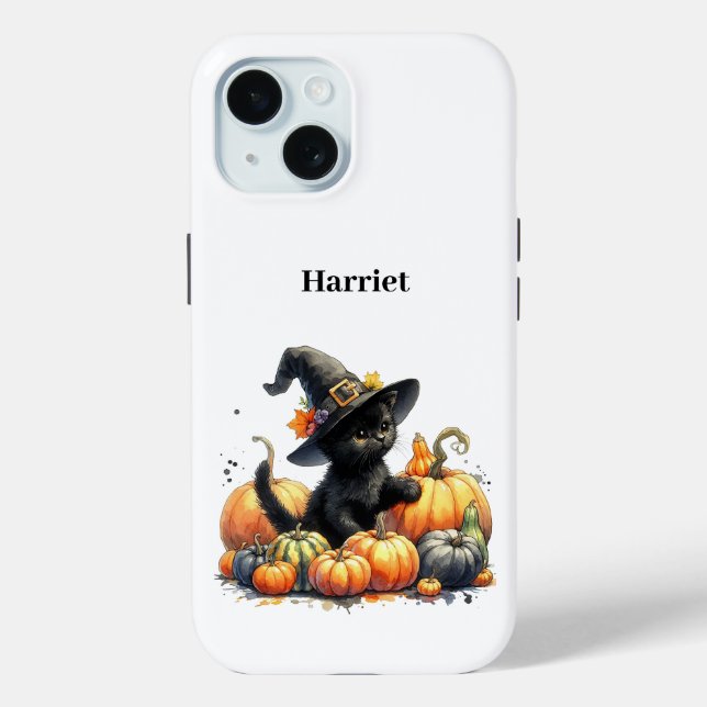 Black Halloween Kitten With Pumpkins & Witch's Hat Case-Mate iPhone Case (Back)