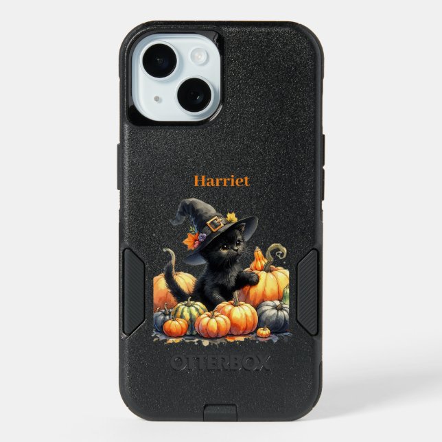 Black Halloween Kitten With Pumpkins & Witch's Hat iPhone 15 Case (Back)