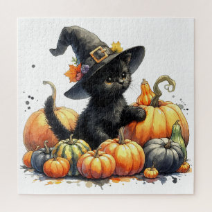 Black Halloween Kitten With Pumpkins & Witch's Hat Jigsaw Puzzle