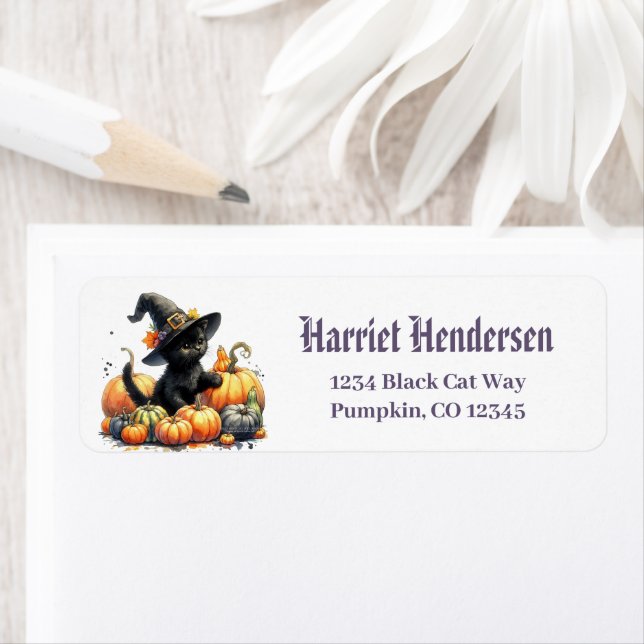 Black Halloween Kitten With Pumpkins & Witch's Hat Label (Insitu)