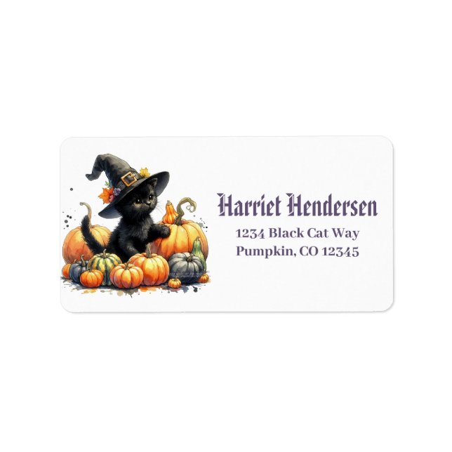 Black Halloween Kitten With Pumpkins & Witch's Hat Label (Front)