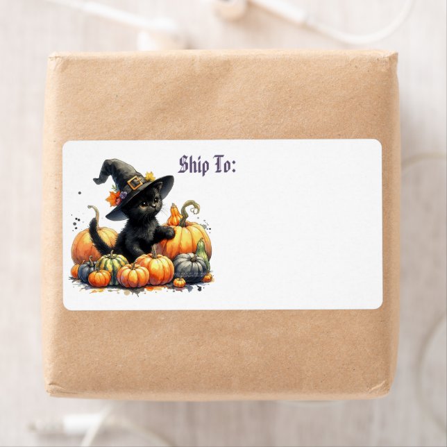 Black Halloween Kitten With Pumpkins & Witch's Hat Label (Insitu)