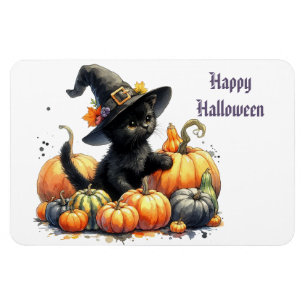 Black Halloween Kitten With Pumpkins & Witch's Hat Magnet