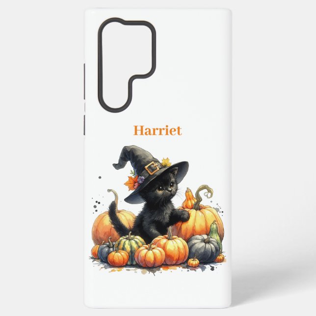 Black Halloween Kitten With Pumpkins & Witch's Hat Samsung Galaxy Case (Back)