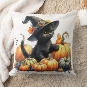 Black Halloween Kitten With Pumpkins & Witch's Hat Throw Pillow