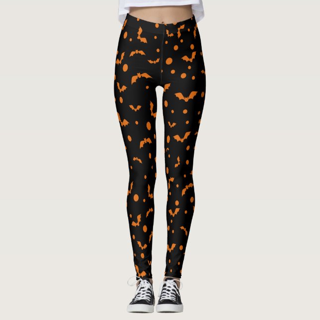 Black Halloween Leggings with Spooky Orange Bats (Front)