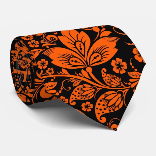 Black  Halloween Orange Floral Pattern Tie