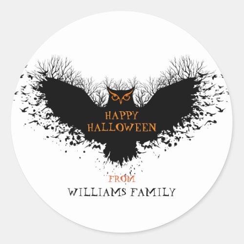 Black Halloween Owl Illustration Classic Round Sticker