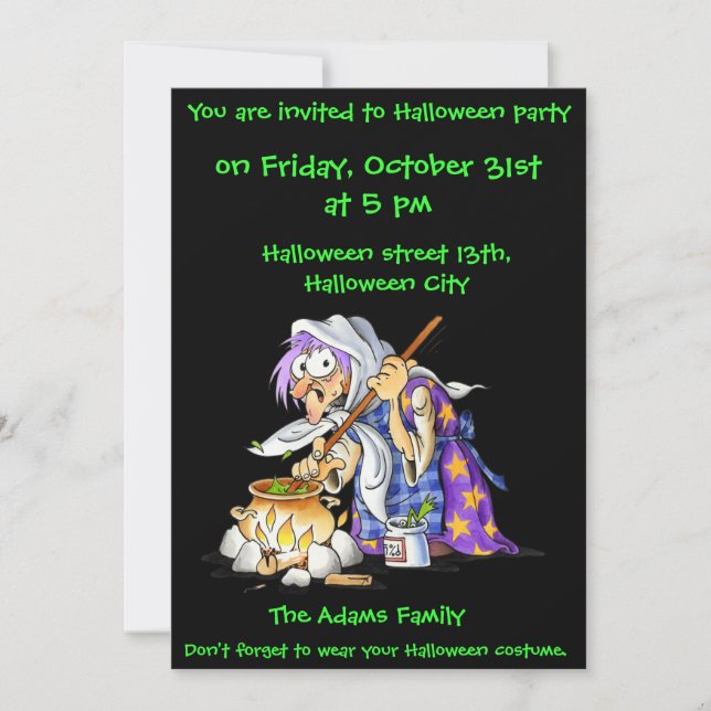 Black Halloween Party Invitations With Witch (Front)