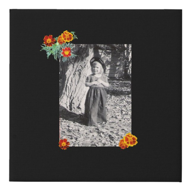 Black Halloween Photo Child in Costume Marigolds Faux Canvas Print (Front)