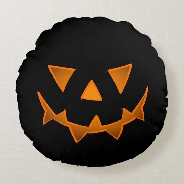 Black Halloween Pumpkin Face With Glowing Eyes Round Pillow (Front)