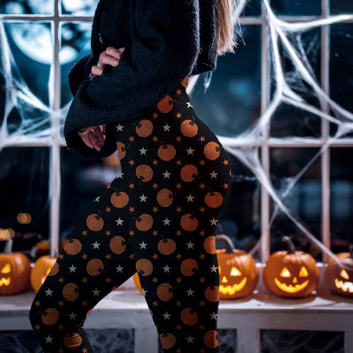 Black Halloween Pumpkins And Stars Leggings