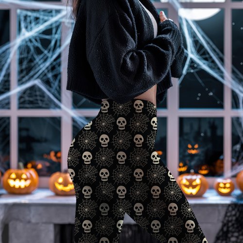 Black Halloween Skull And Spiderweb Pattern Leggings