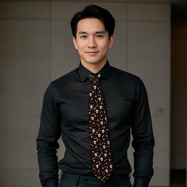 Black Halloween Skull Bone Coffin Pattern  Neck Tie (Creator Uploaded)