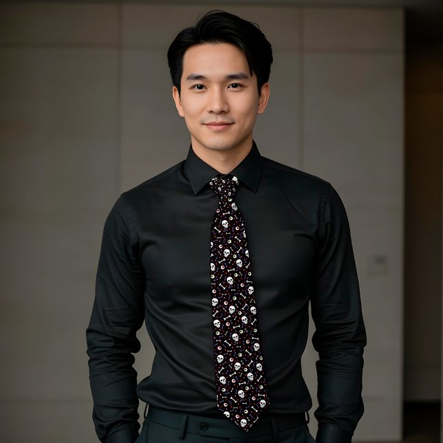 Black Halloween Skull Eyeballs Bones Pattern Neck Tie (Creator Uploaded)