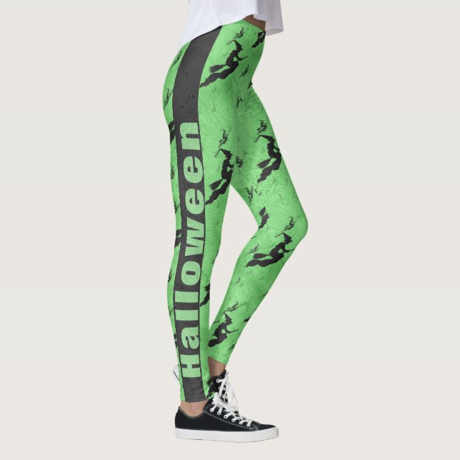 Black Halloween Witches Brooms Green Pattern Leggings (Right)