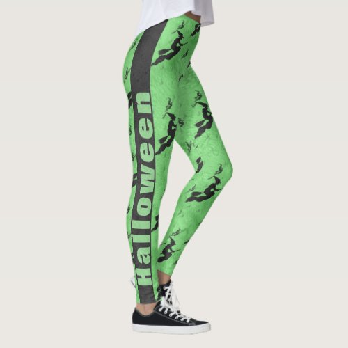 Black Halloween Witches Brooms Lime Green Pattern Leggings