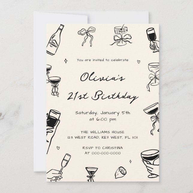 Black Hand Drawn Adult Birthday Party  Invitation (Front)