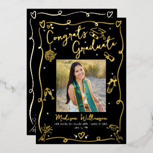 Black Hand Drawn Art Graduation 5 Photo Real Gold Foil Invitation
