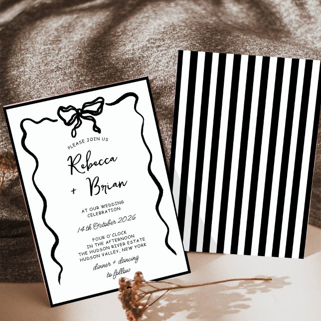 Black Hand Drawn Bow Ribbon Sketch Wedding Invitation (Creator Uploaded)