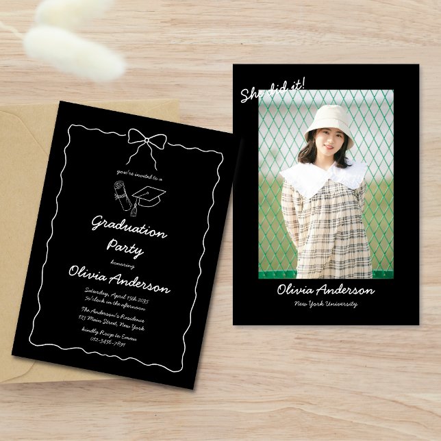 Black Hand Drawn Bow She did it Photo Grad Party Invitation (Creator Uploaded)