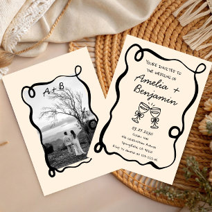 Black hand drawn champagne Whimsical Wedding  Invitation