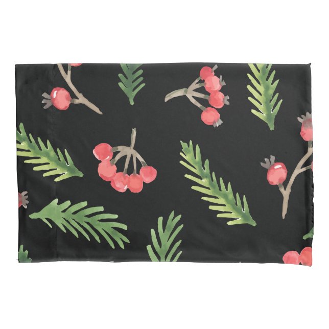Black Hand Drawn Christmas Mistletoe Pattern Pillow Case (Front)