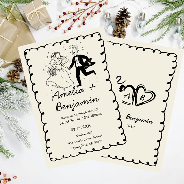 black hand drawn couple Whimsical Wedding  Invitation (Creator Uploaded)