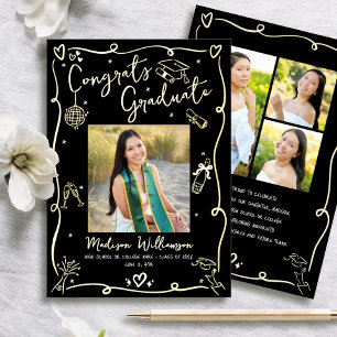 Black Hand Drawn Doodle Graduate 4 Photo Real Gold Foil Invitation