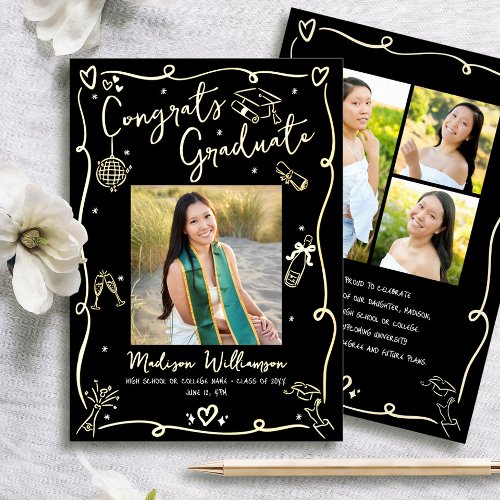 Black Hand Drawn Doodle Graduate 4 Photo Real Gold